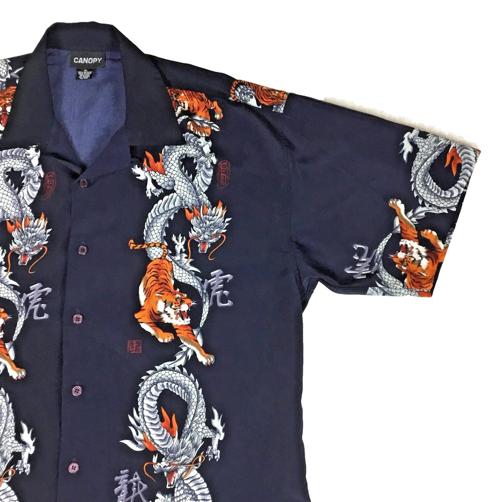 Canopy Mens XL Navy Blue Dragon Tiger Graphic Button Up Short Sleeve Camp Shirt